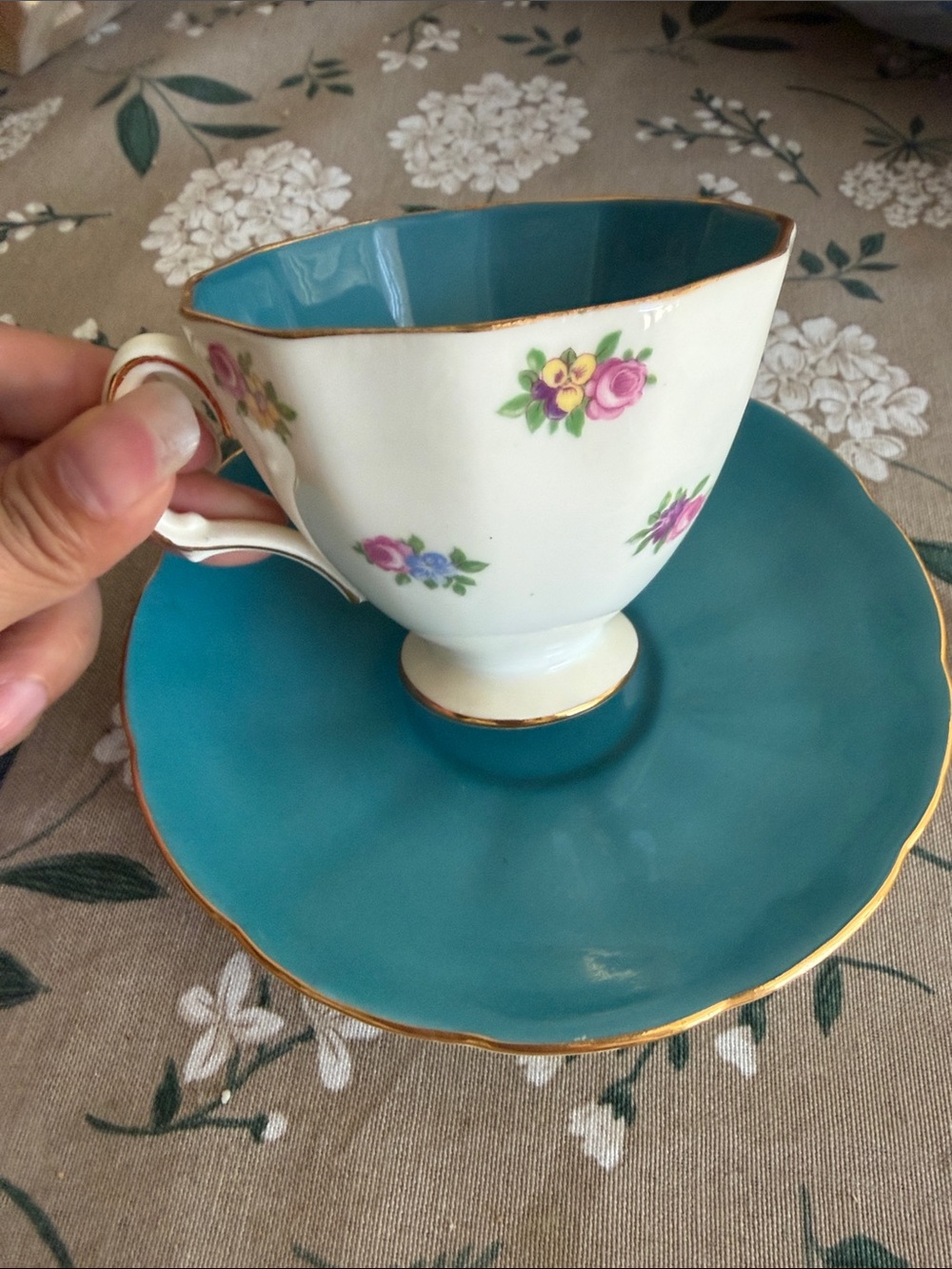 Vintage Adderley Turquoise & Floral Bone China Teacup & Saucer Set